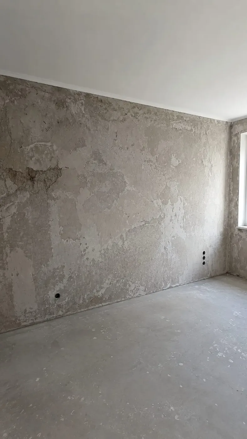 Schlafzimmerwand in Hilden vor der Gestaltung, roher und fleckiger Putzuntergrund